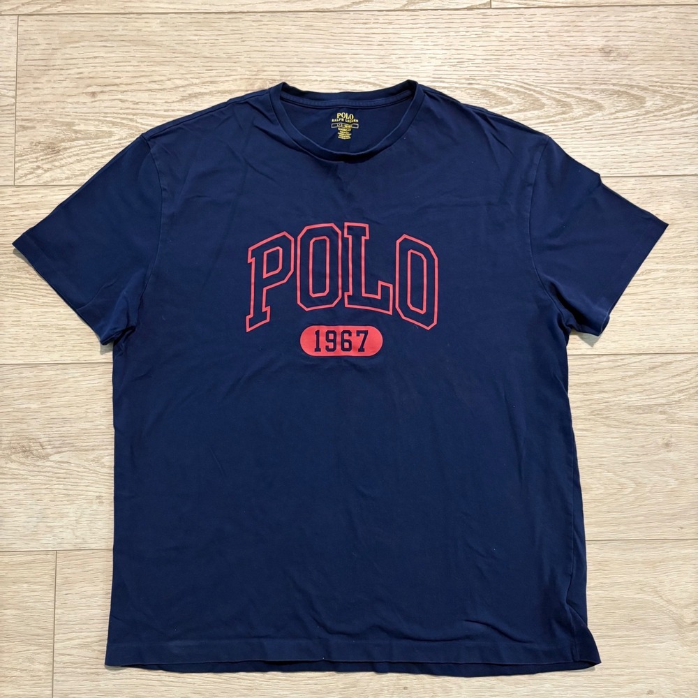 Polo Ralph Lauren T Shirt Tee Mens Large Navy Red Spell Out Logo 1967